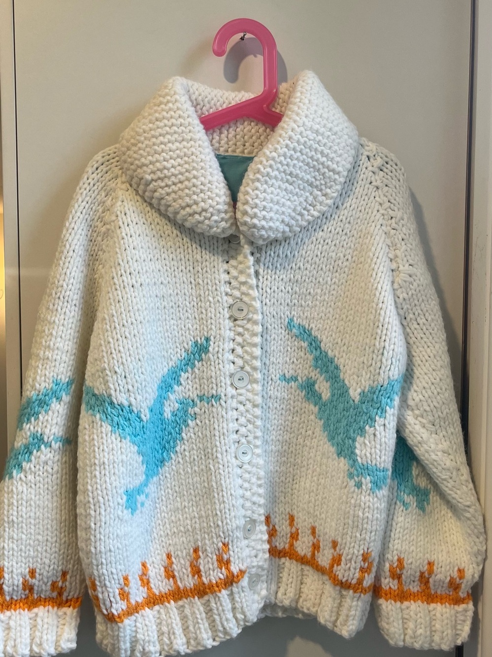 Kids White Knit Button-Up Cardigan with Aqua Bird Motif